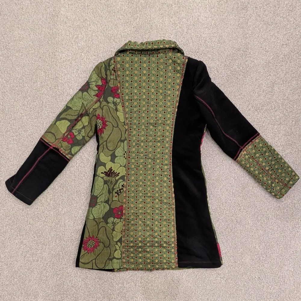 GUC Neslay Paris Women Sz S Jacquard Long Blazer Jacket Black Green Floral Fairy - Picture 4 of 11